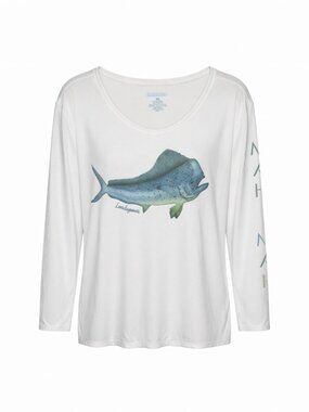 Reel Legends Women's Long Sleeve Tee XL White Mahi Mahi Print Graphic Polyester